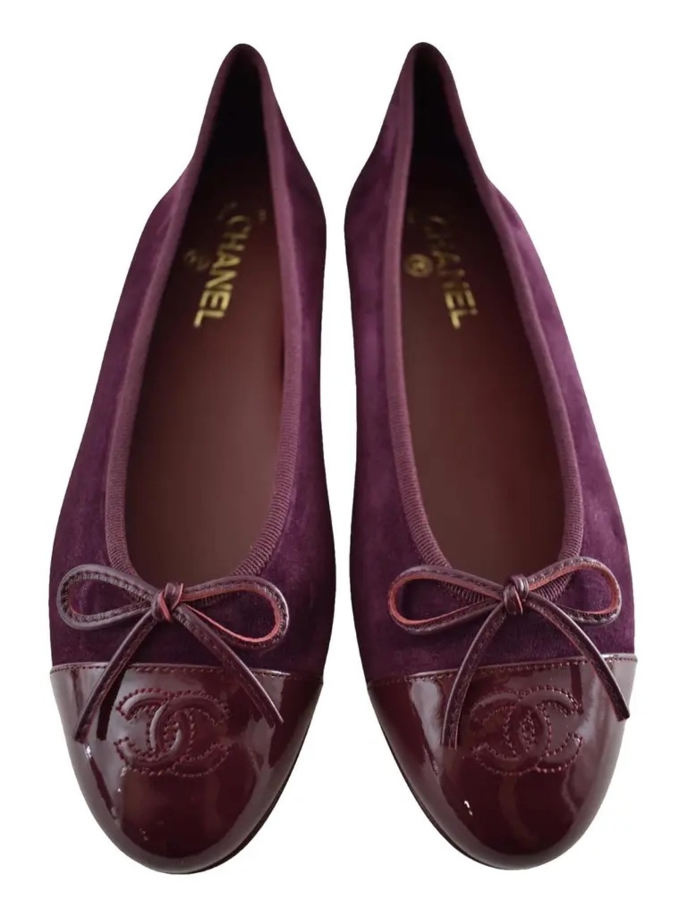 CHANEL 26A Plum Suede & Patent Leather Bow Ballet Flats